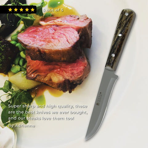 Joker Luxury Country Steak Knife - Authentic Stag Horn Handle - Non-serrated Edge (set of 2)