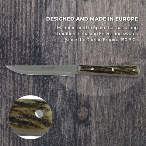 Joker Luxury Country Steak Knife - Authentic Stag Horn Handle - Non-serrated Edge (set of 2)