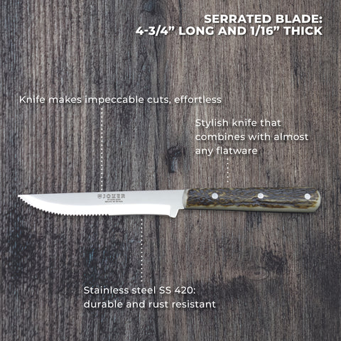 Joker Luxury 8-3/4" Country Steak Knife - Authentic Stag Horn Handle - Serrated Edge (set of 2)