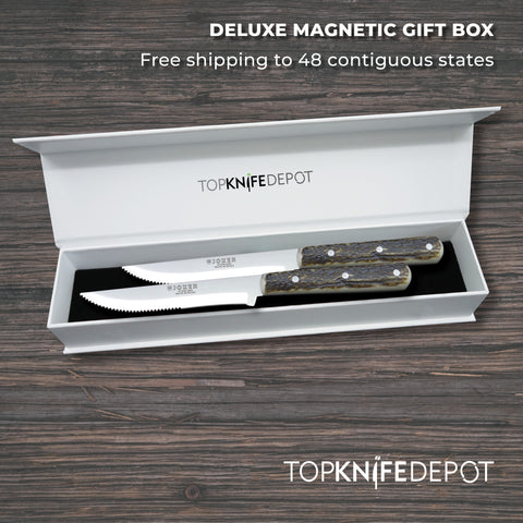 Joker Luxury 8-3/4" Country Steak Knife - Authentic Stag Horn Handle - Serrated Edge (set of 2)